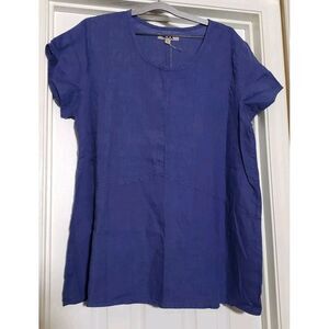 Flax Short Sleeve 100% Linen Blouse Women's Size Large Blue Lagenlook